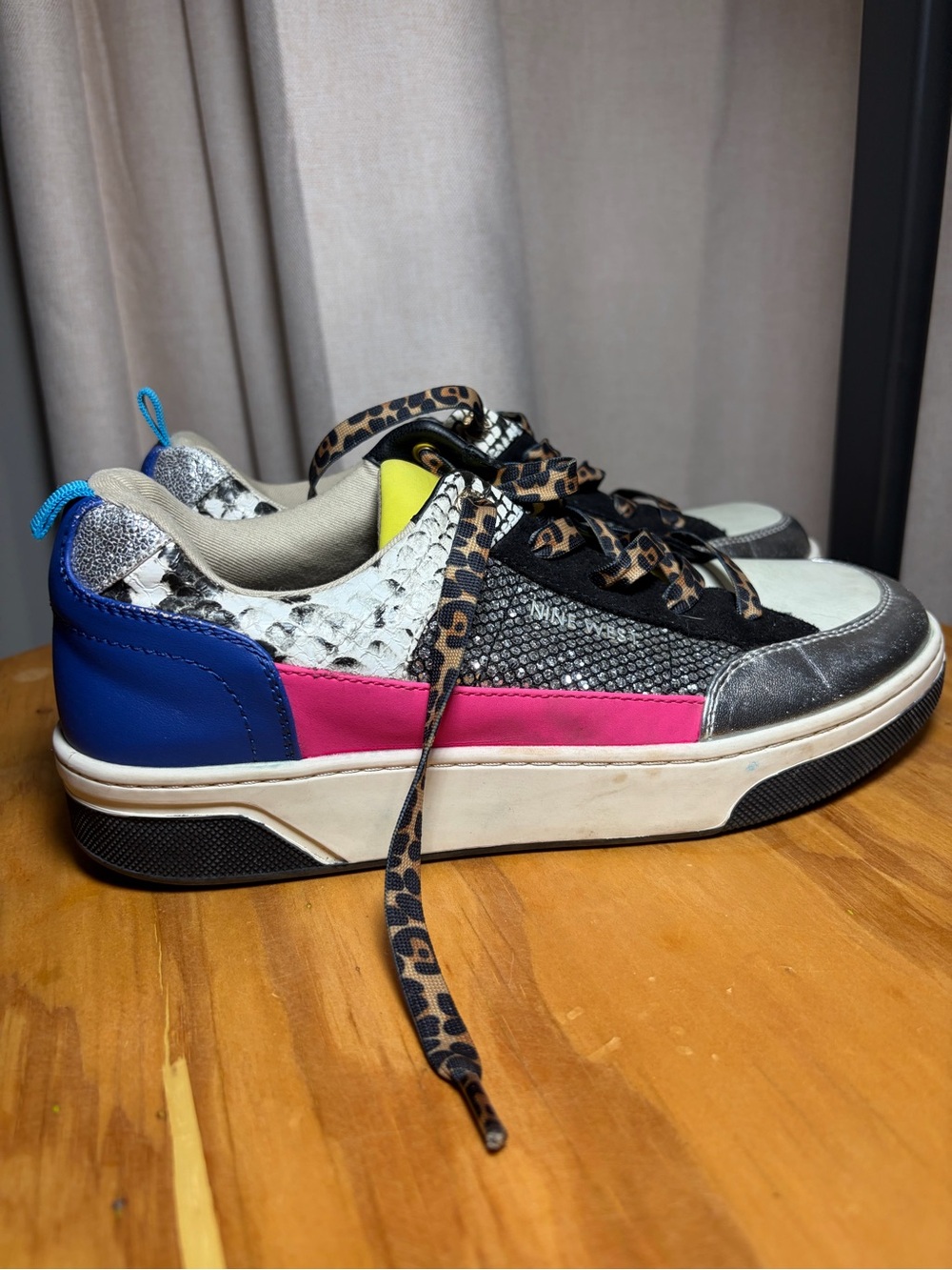 Colorblock Leopard Lace-Up Sneakers - Blue, Pink, Yellow, Black, White Size 8.5M